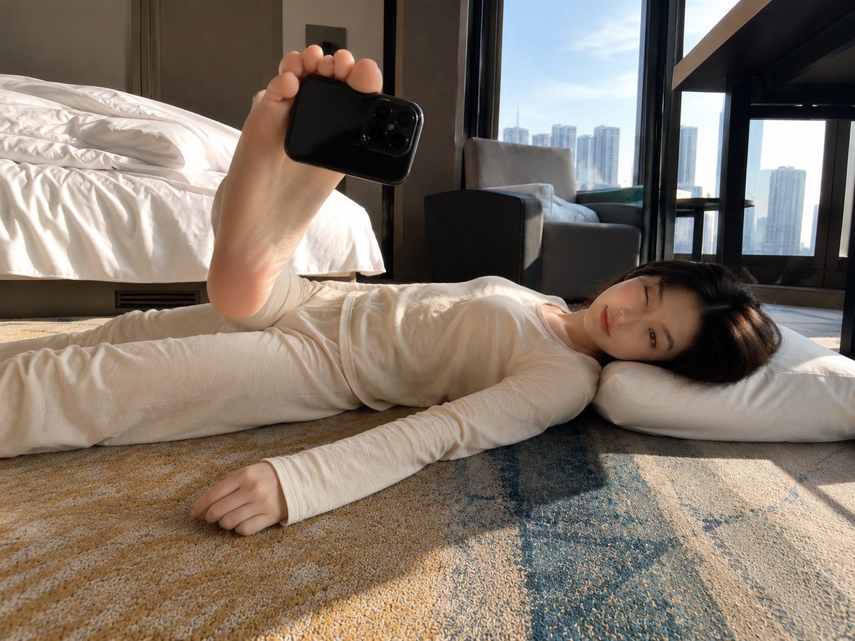 Create a realistic wide-angle smartphone photo in a modern high-rise hotel room, shot from floor level beside a person …