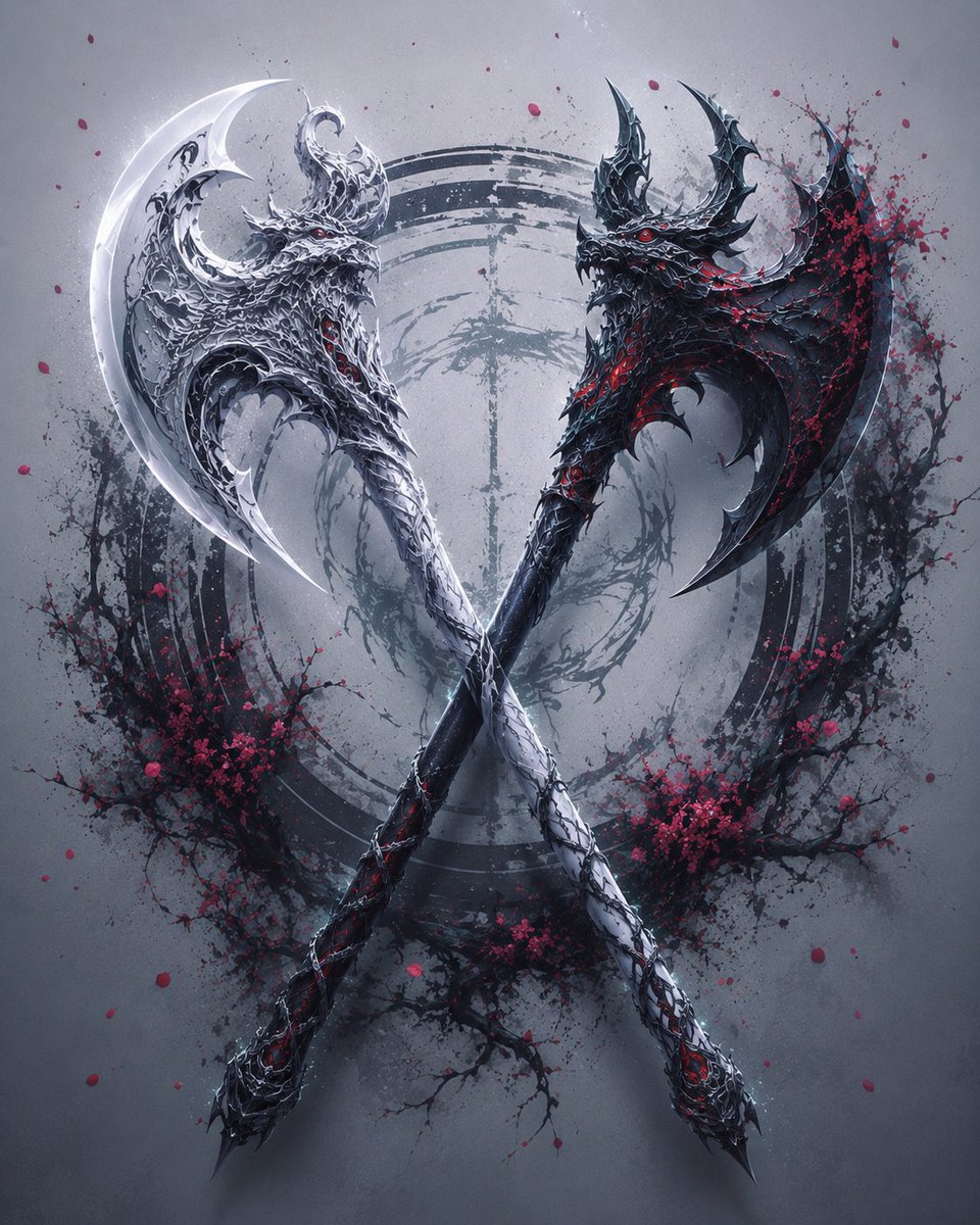 Create a high-detail dark Eastern fantasy weapon concept poster featuring exactly two ancient Chinese poleaxe or halber…