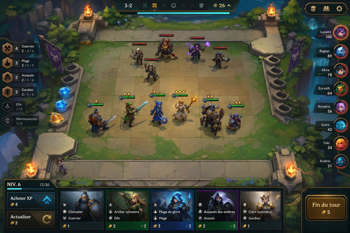 Goal: Create a polished 2D fantasy auto-battler gameplay mockup for {argument name="game title or mode" default="round …