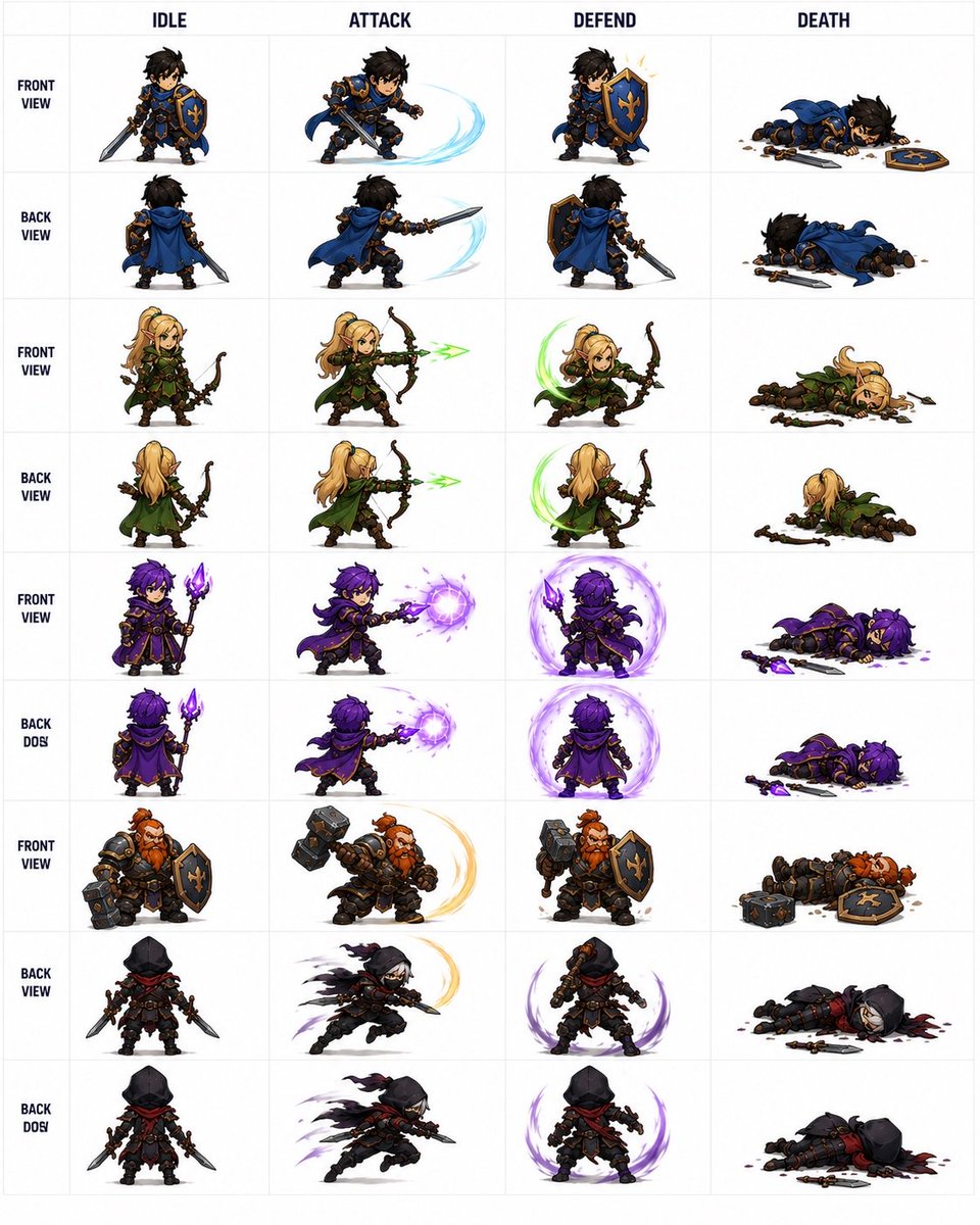 Goal: Create a clean fantasy auto-battler character spritesheet showing combat animations for a small party, suitable f…