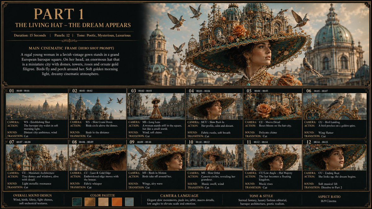 Goal: Create a luxurious cinematic storyboard sheet for a fantasy fashion short film titled {argument name="part title"…