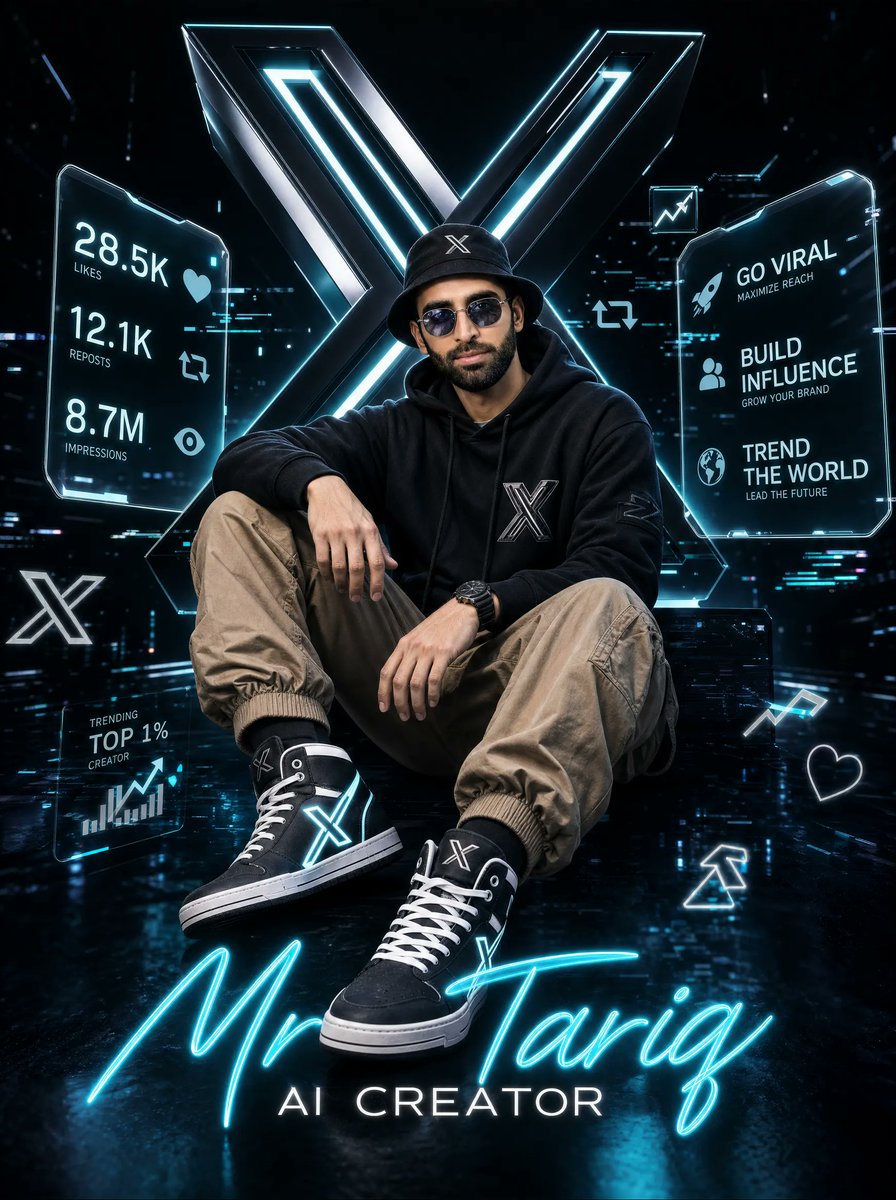 Create an ultra-detailed cinematic 3D digital poster of a stylish young male AI creator in a futuristic dark studio, se…