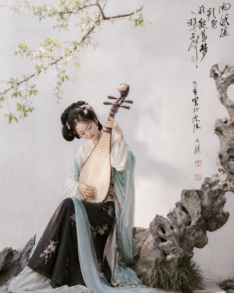 Create a collectible fine-art realistic photograph inspired by classical Chinese garden aesthetics: a young Hanfu music…