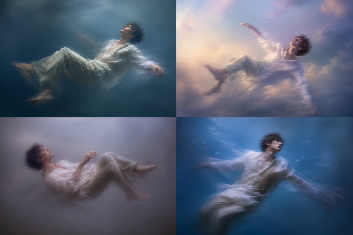 Generate dreamy portraits of a {argument name="subject" default="man"} in 2x2 grids in horizontal format, {argument nam…