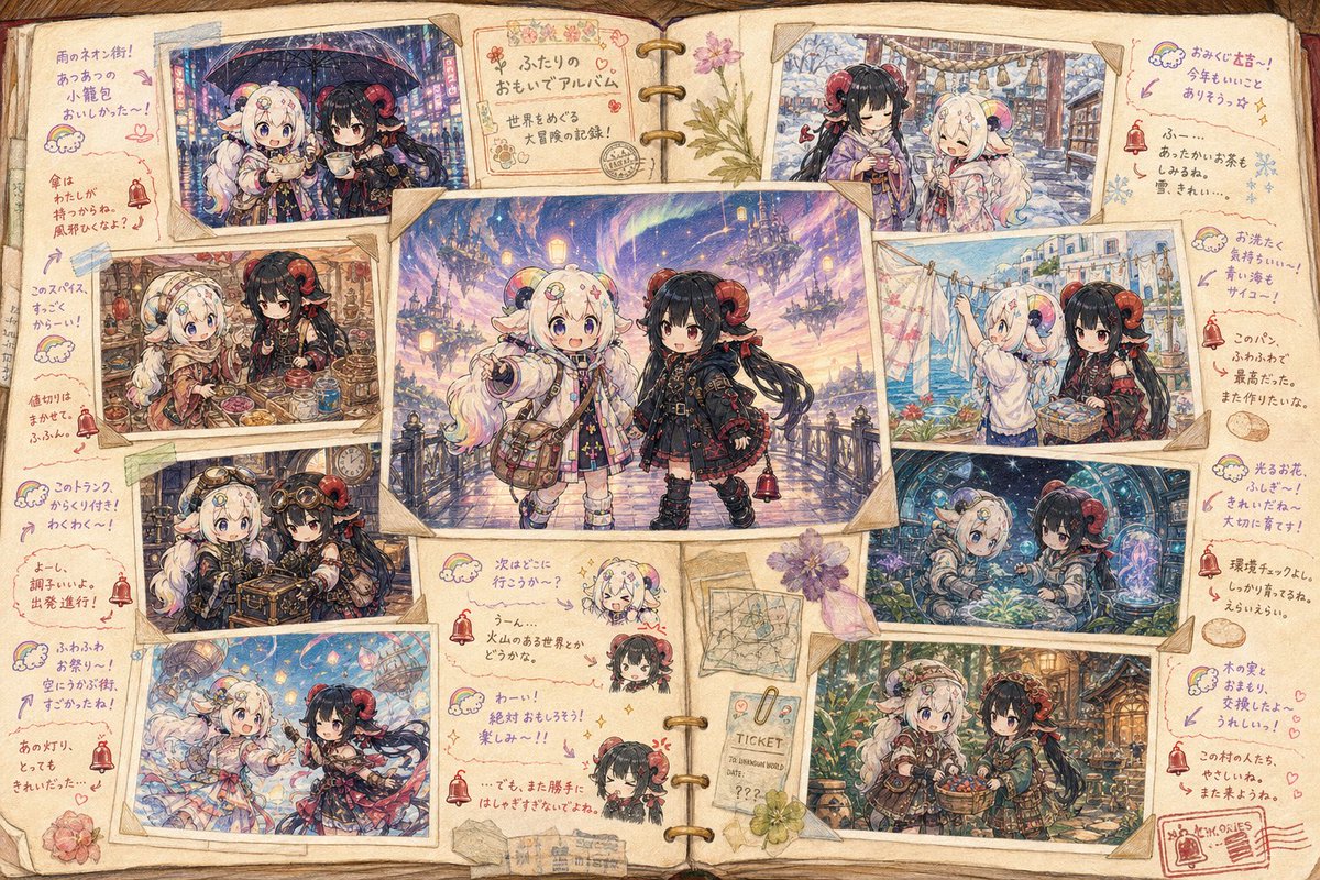 Reference images of two characters + Please create a {argument name="drawing style" default="pale colored pencil"} illu…