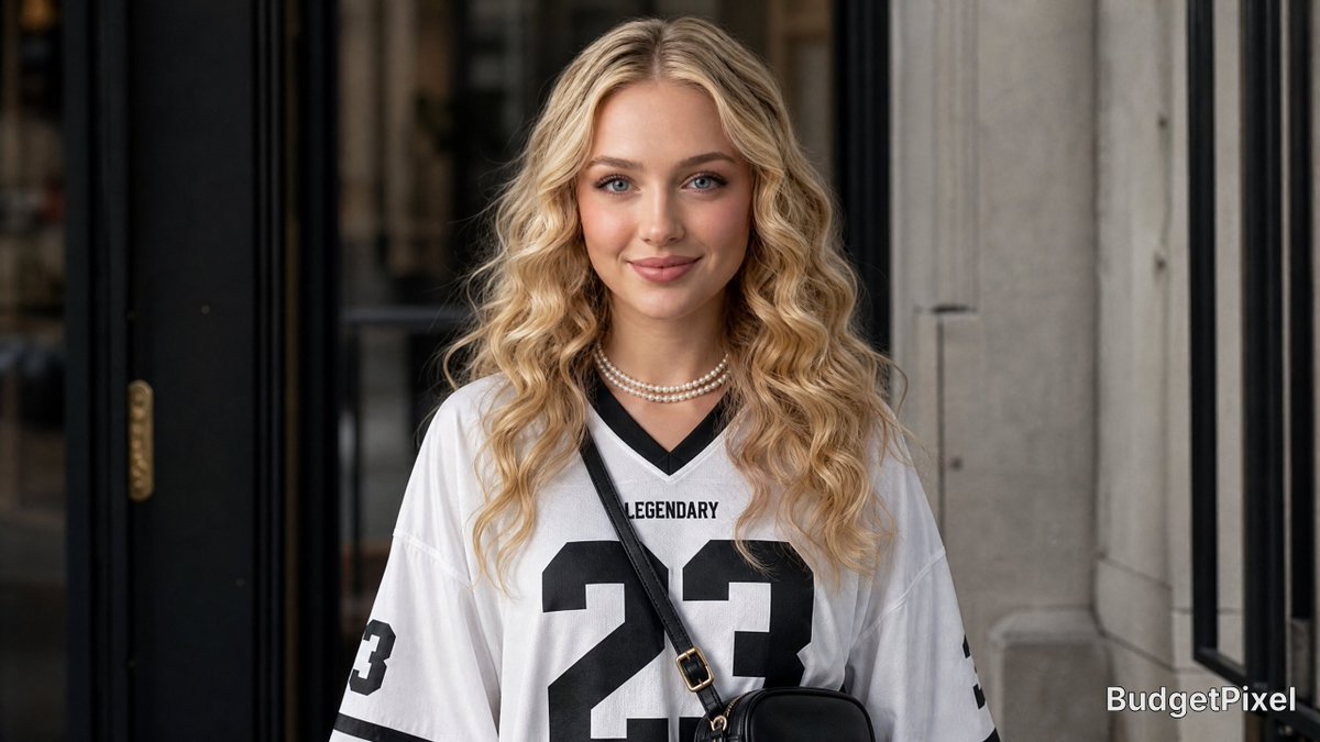 {argument name="character" default="Young woman with long voluminous wavy blonde hair"}, porcelain-fair dewy skin, larg…