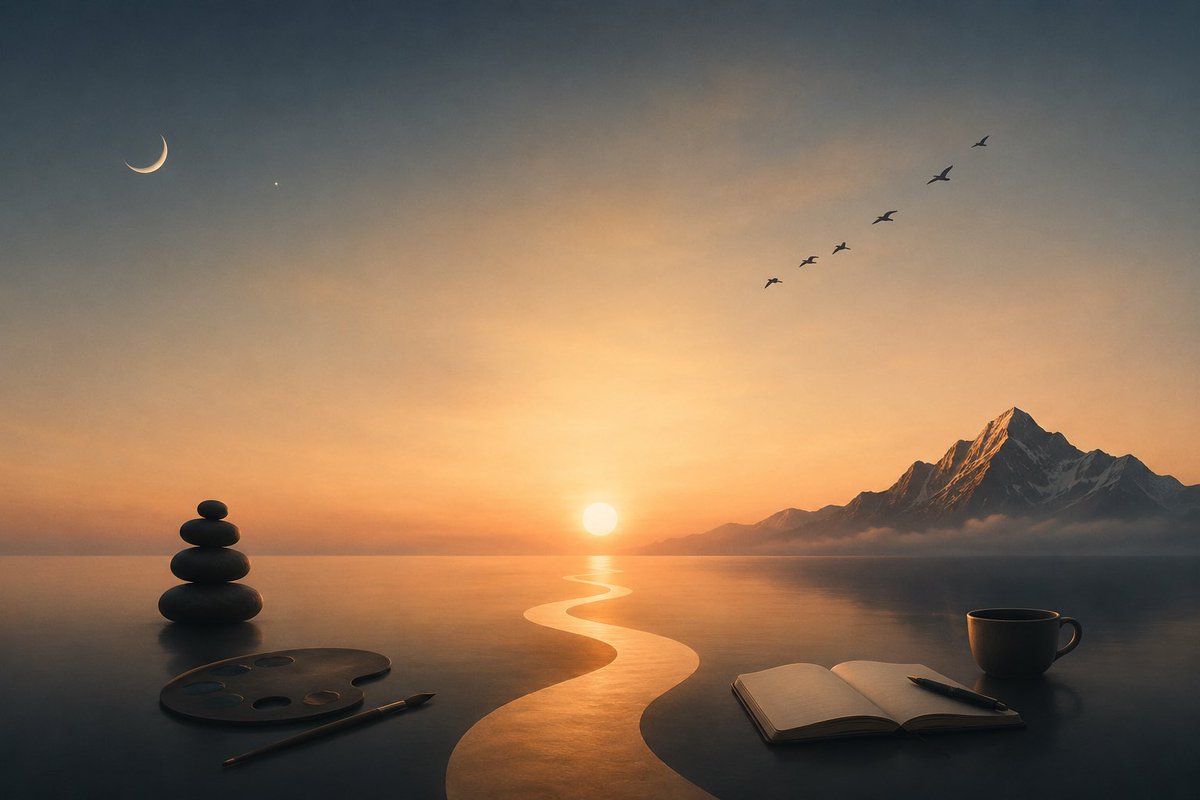 Create a serene surreal digital painting of a tranquil creative workspace merging into a vast reflective lake at {argum…