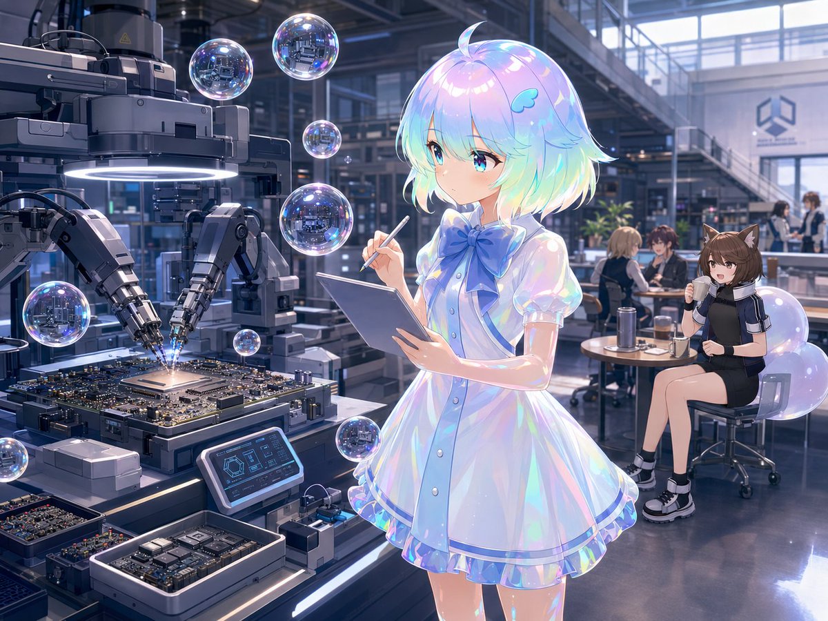 Create a polished anime-style sci‑fi factory scene inside a spacious high-tech electronics manufacturing lab operated b…