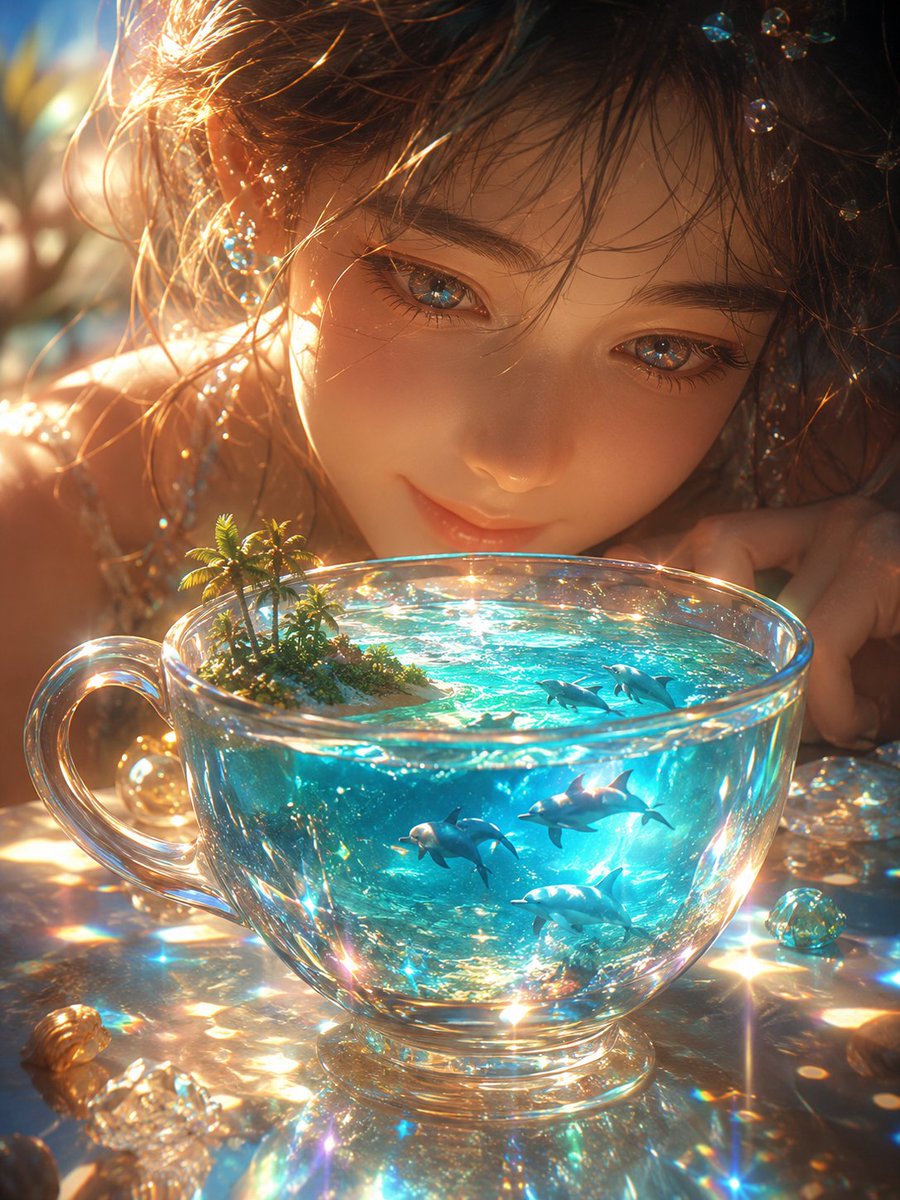 Create a dreamy photorealistic macro fantasy scene themed around a prism and a landscape inside a cup: a transparent gl…