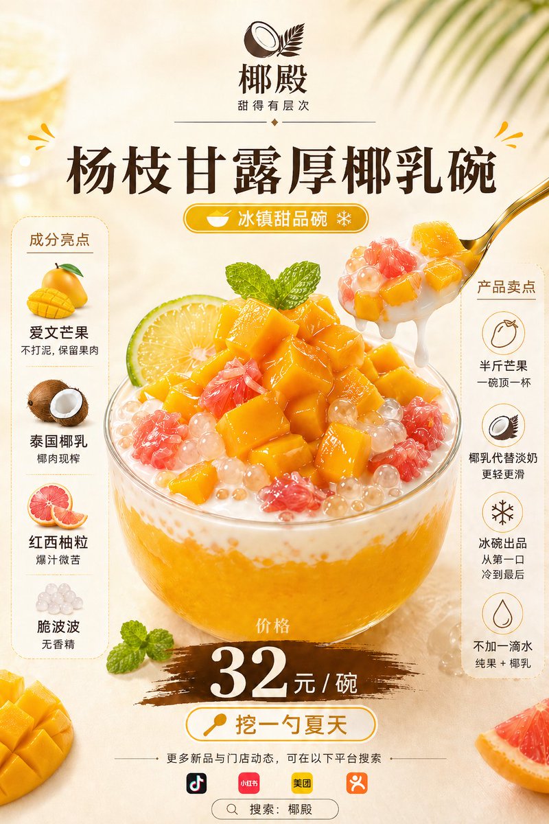Goal: Create a vertical Chinese food-and-beverage launch poster for {argument name="product name" default="杨枝甘露厚椰乳碗"}, …