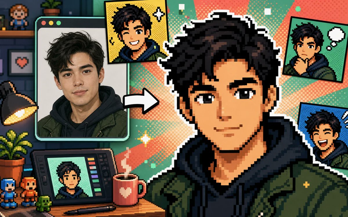 Create a vibrant pixel-art promotional collage showing a real portrait being transformed into a gaming-style pixel avat…