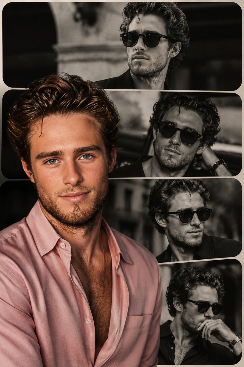 High-end portrait collage poster in vertical format. The background contains four layered rounded strips displaying bla…