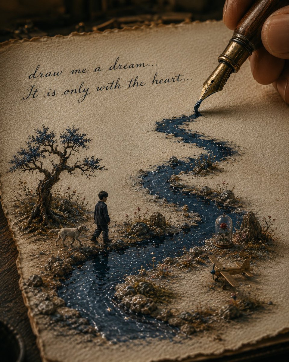 Create a warm, cinematic macro still life of an old fairy-tale illustration coming alive on a sheet of rough handmade p…