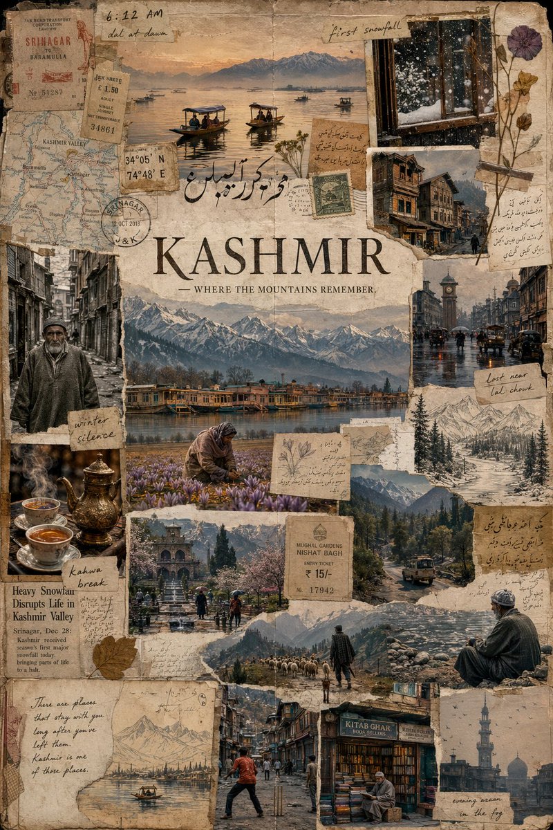 Create a handcrafted cinematic travel collage poster titled: “KASHMIR — WHERE THE MOUNTAINS REMEMBER.” The composition …