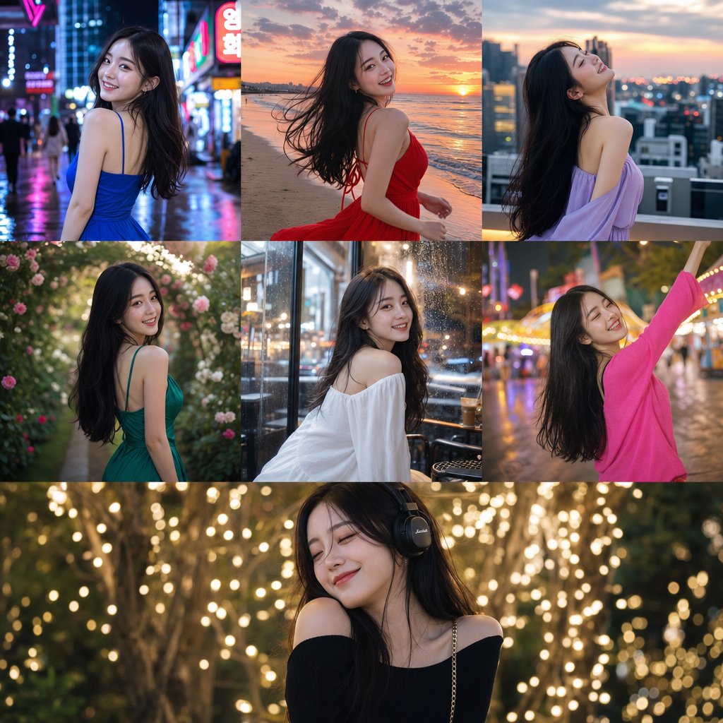 Ultra-realistic {argument name="identity" default="SAME Korean girl identity"} in every image — silky black hair, gloss…
