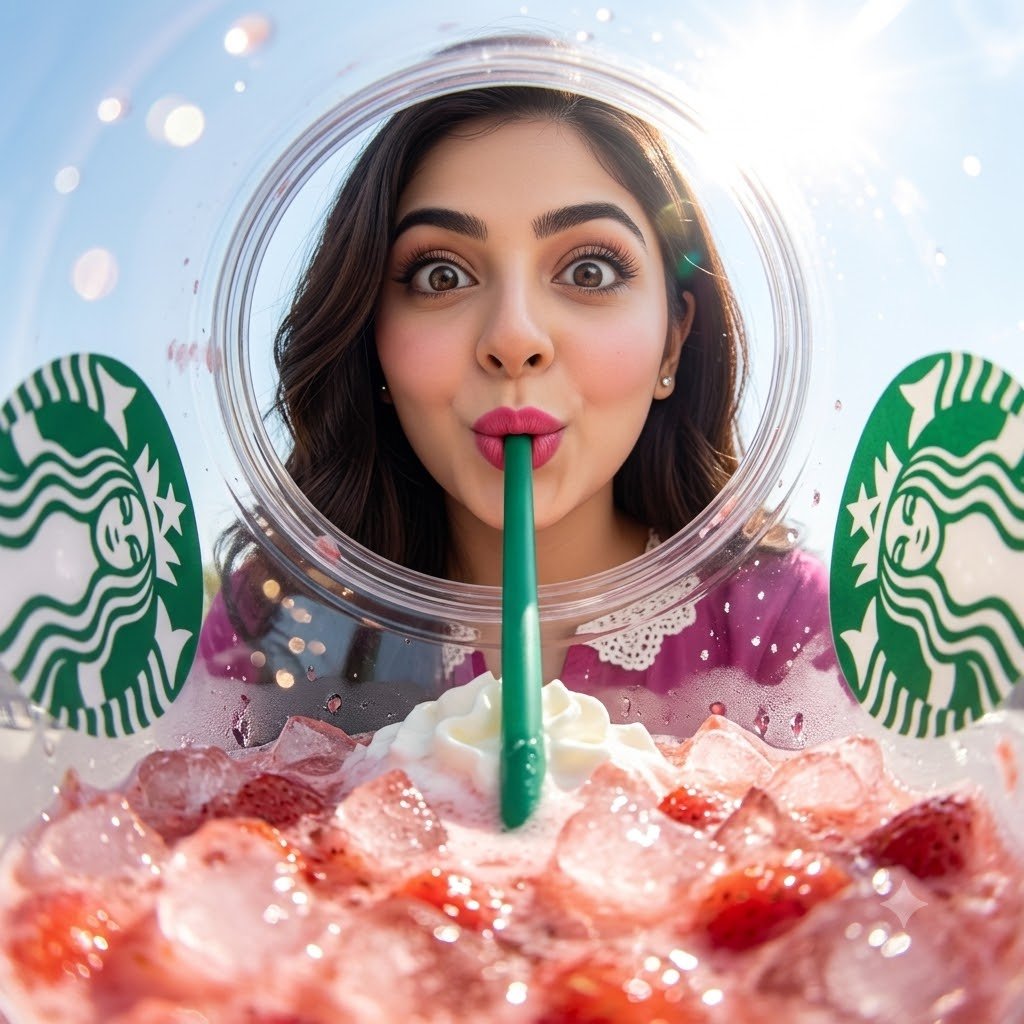 View from inside a {argument name="drink type" default="Starbucks strawberry frappuccino"} cup looking up, fisheye lens…