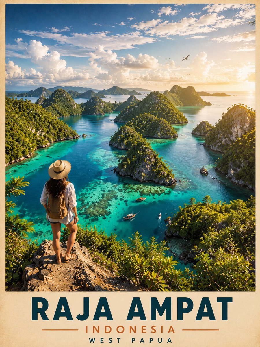 Ultra-detailed cinematic travel poster of {argument name="location" default="Raja Ampat, Indonesia"}, viewed from a hig…