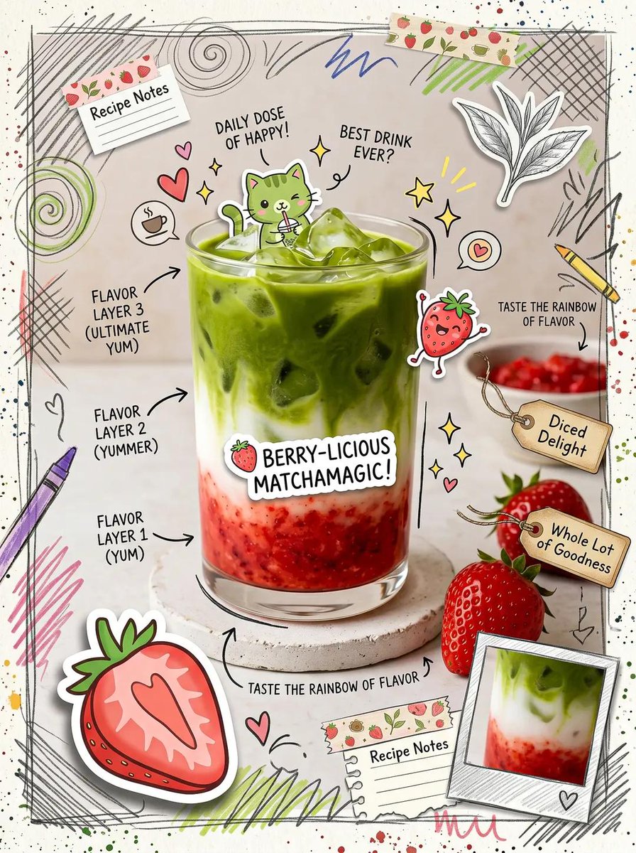 Cute scrapbook-style food photography poster, aesthetic {argument name="drink type" default="matcha latte drink"} flatl…