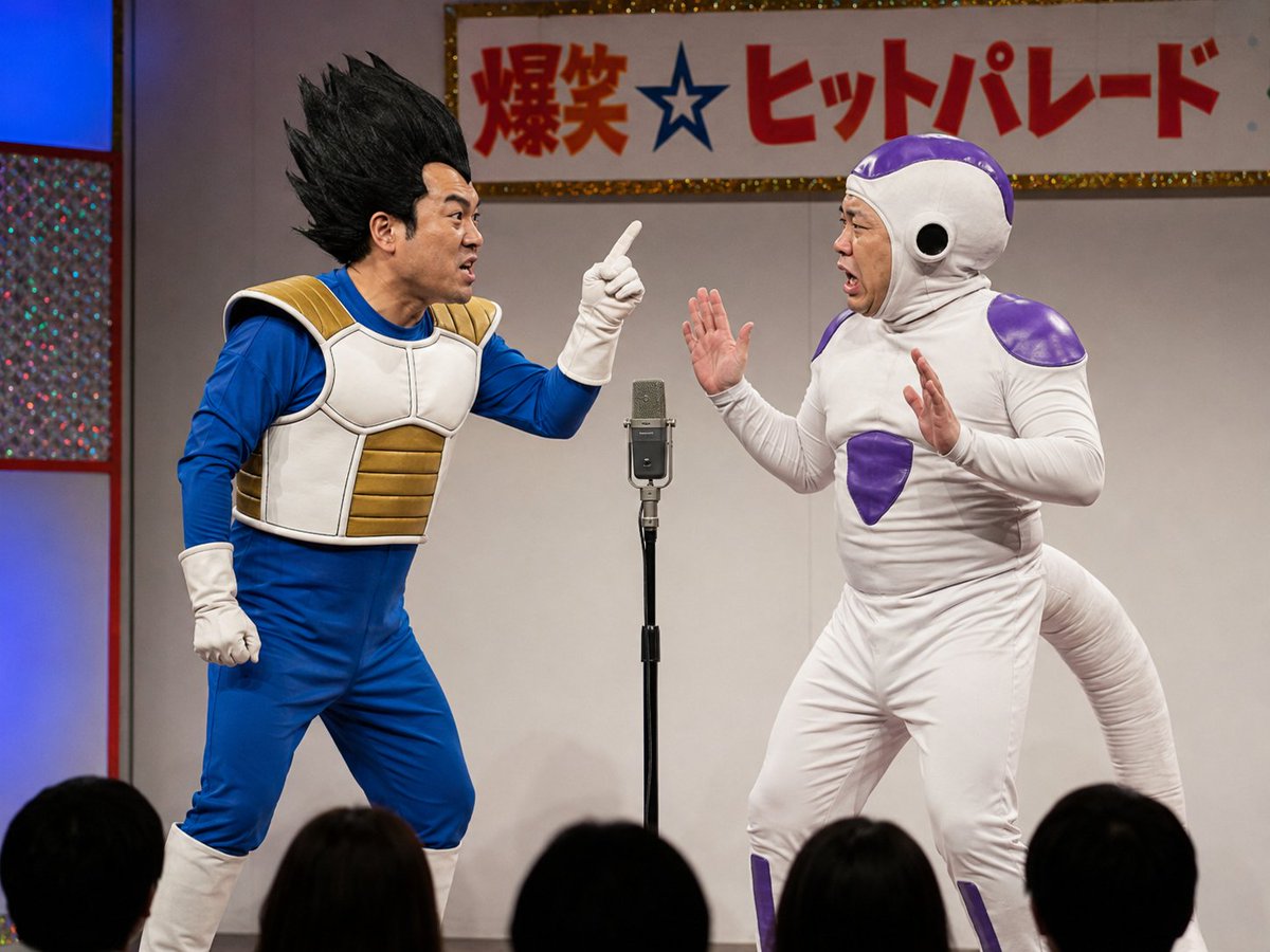 Generate 4 random images of a middle-aged man cosplaying as {argument name="character 1" default="Vegeta"} and another …