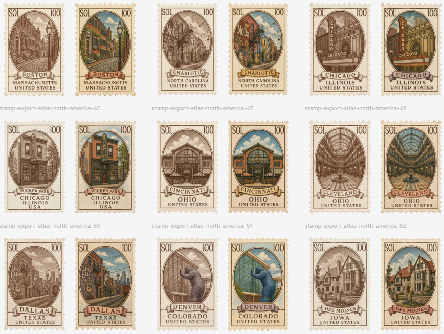Goal: Create a clean gallery sheet of vintage illustrated postage-stamp designs for an atlas-style North American city …