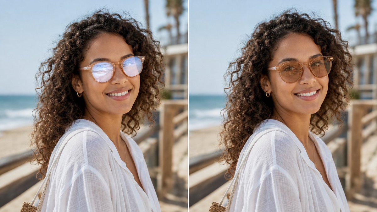Create a realistic side-by-side before-and-after comparison image showing the same outdoor portrait in two vertical pan…
