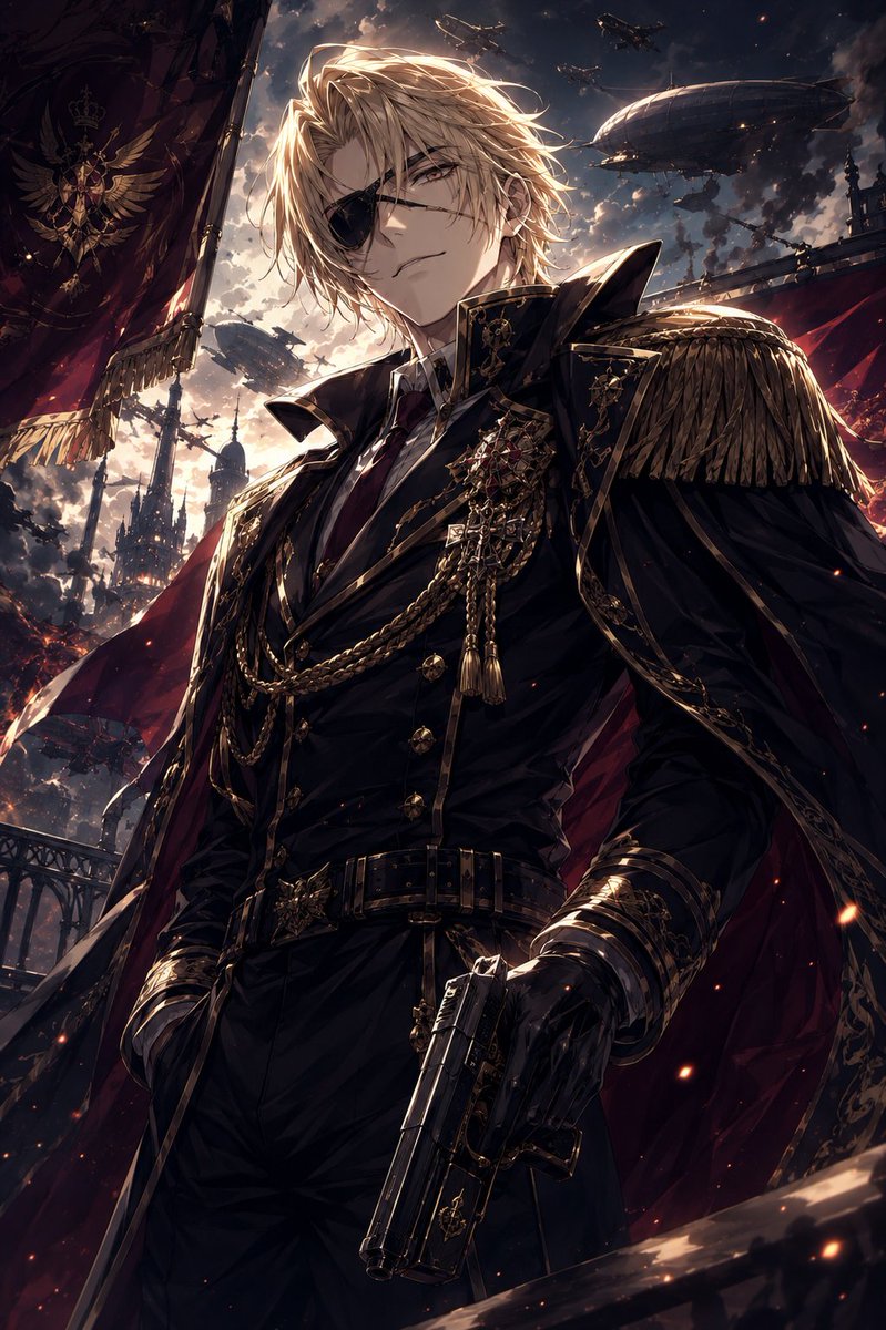 Create a dramatic vertical anime fantasy-military illustration of {argument name="character name" default="Marshal Berg…
