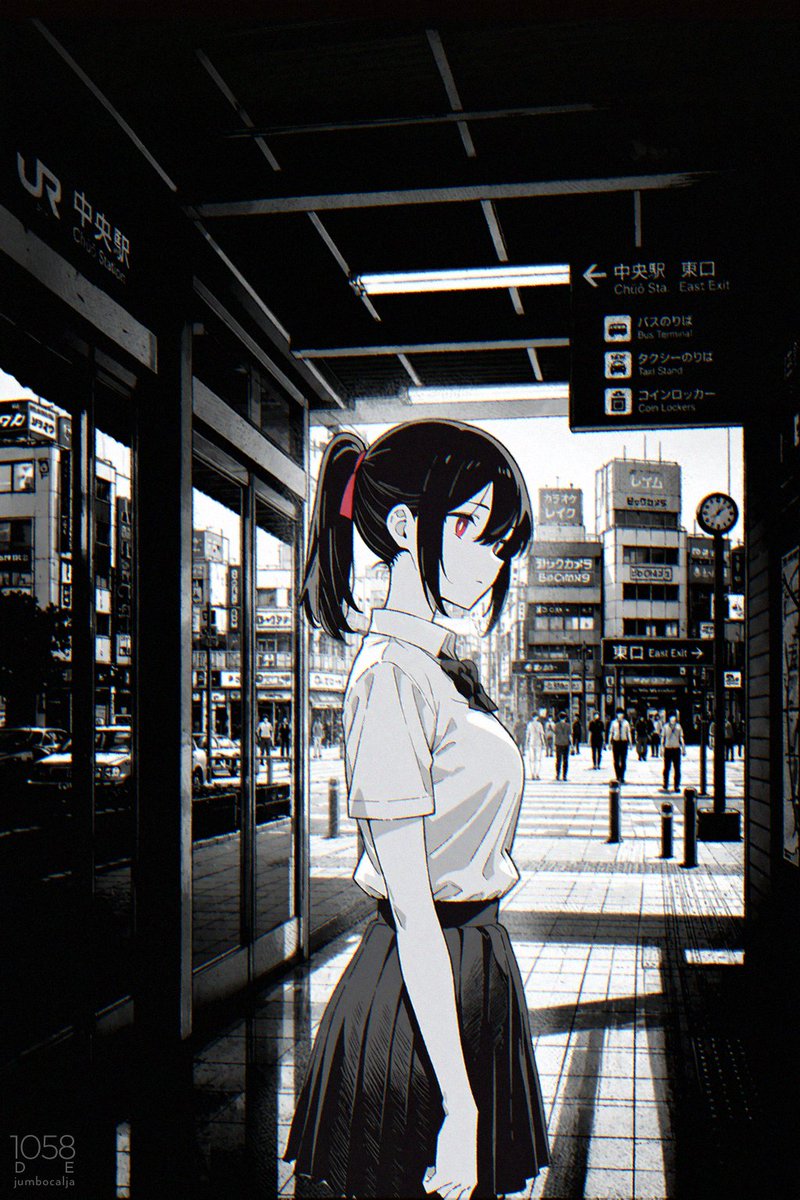 Create a vertical anime-style street scene at a Japanese train station entrance, featuring one teenage girl standing in…