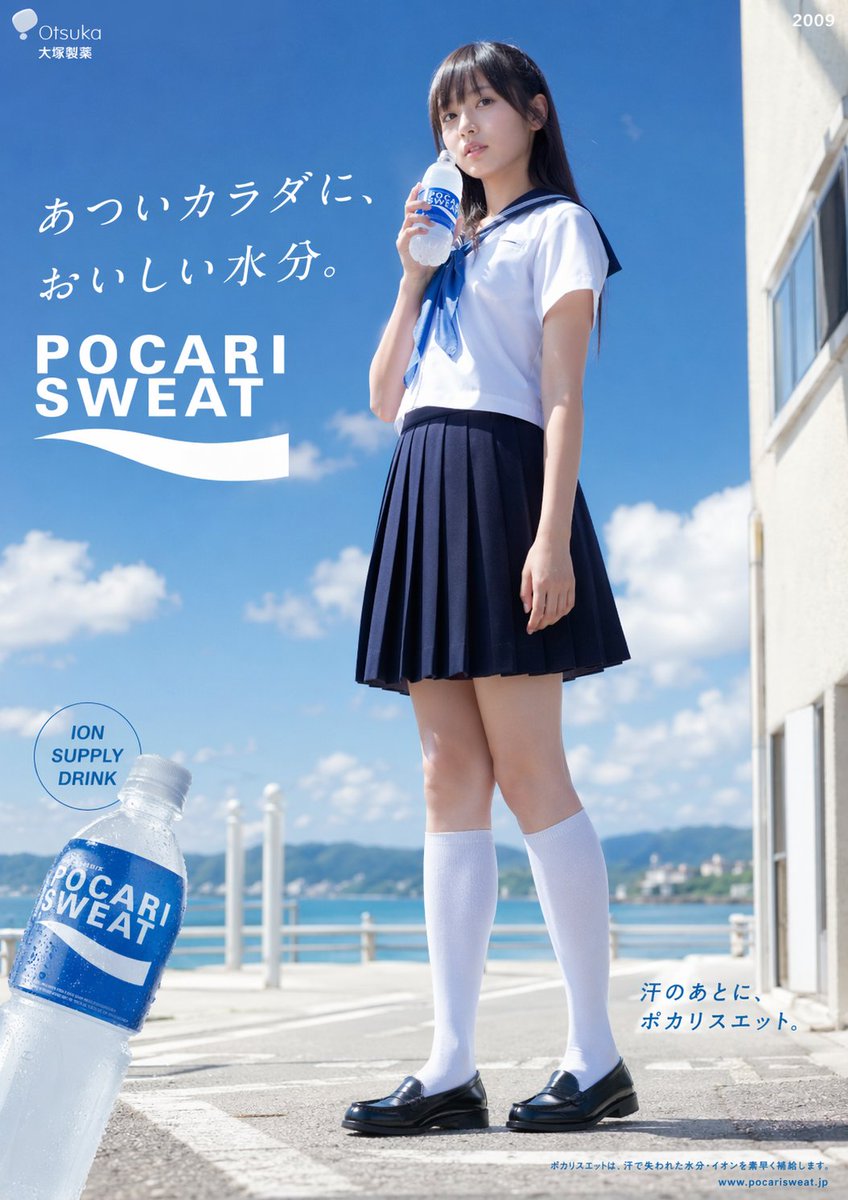 Create a bright Japanese summer beverage advertisement poster for {argument name="brand name" default="POCARI SWEAT"}, …