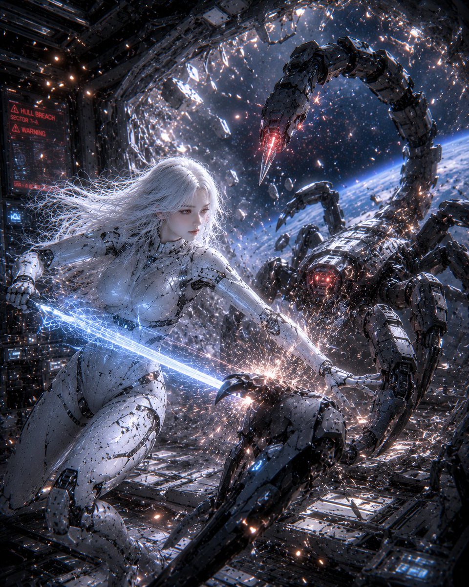 Create a cinematic vertical sci-fi action illustration of {argument name="character concept" default="a female android …