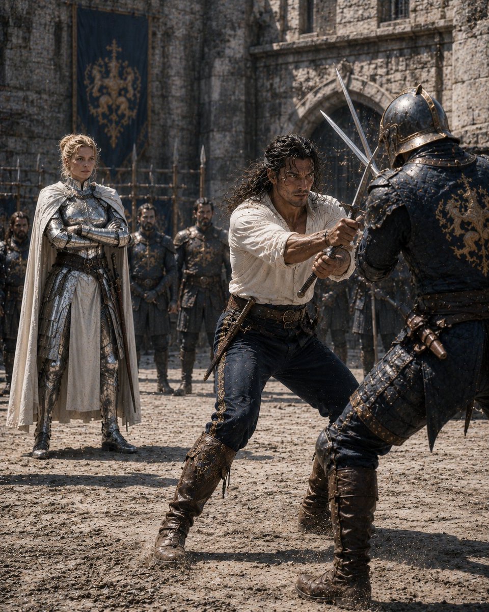 Create a cinematic medieval fantasy mock duel scene in a stone castle courtyard, titled by mood as {argument name="scen…