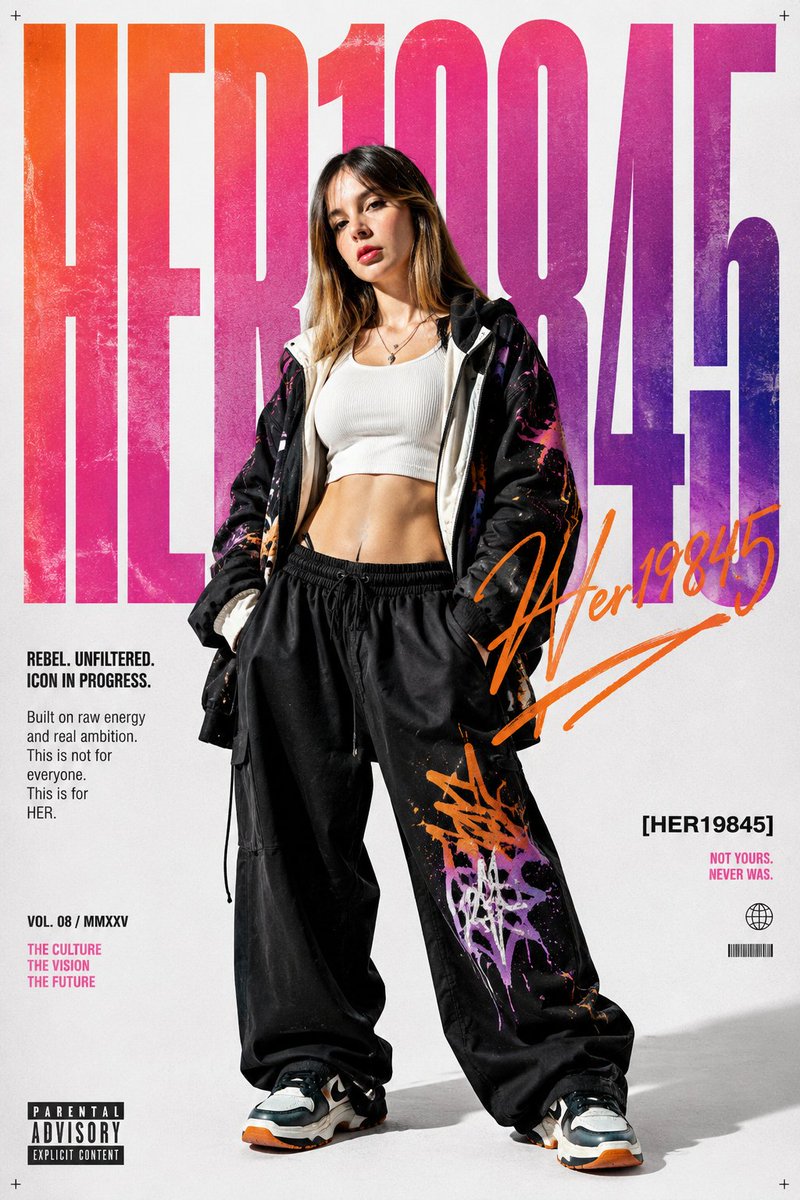 Goal: Create a vertical fashion-editorial magazine poster for a rebellious streetwear brand identity centered on {argum…