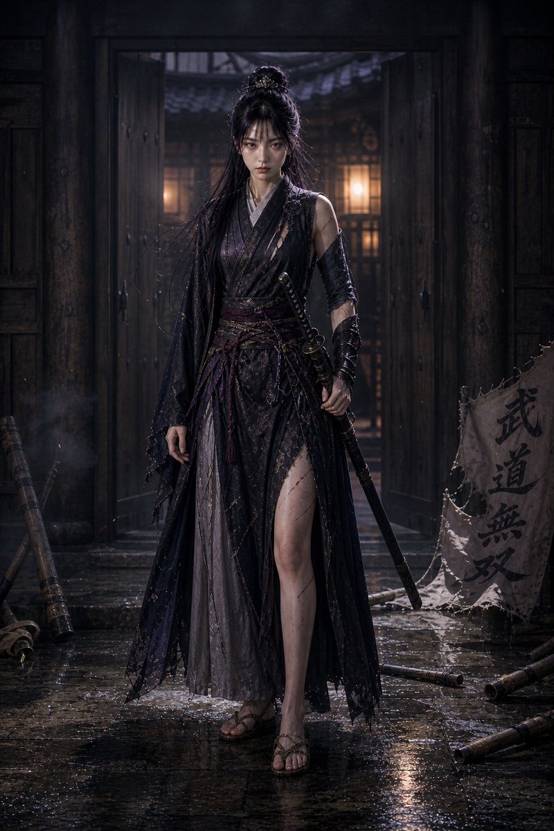 Create a vertical cinematic dark-fantasy portrait of {argument name="character name" default="a lone female martial swo…