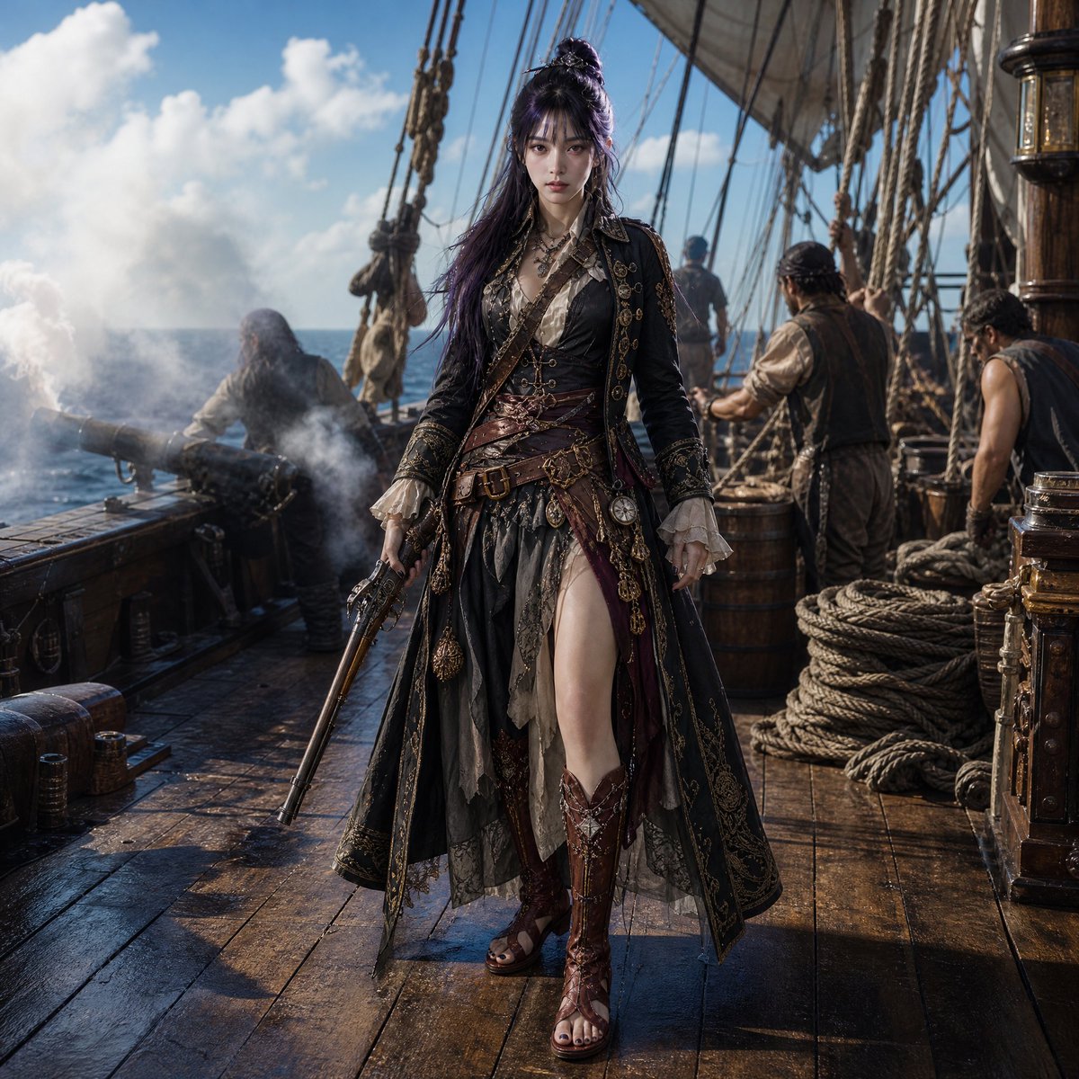 Create a cinematic photorealistic full-body portrait of {argument name="character name" default="a female pirate captai…
