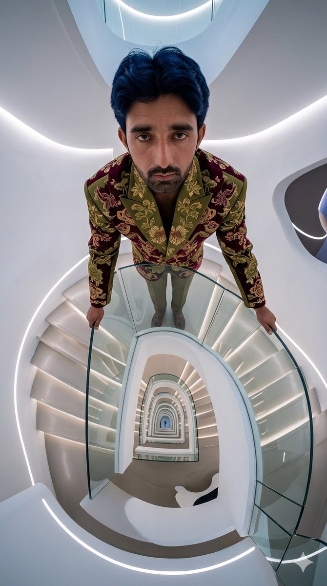 Create a hyper-cinematic fisheye low-angle fashion photograph inside a surreal futuristic all-white architectural inter…