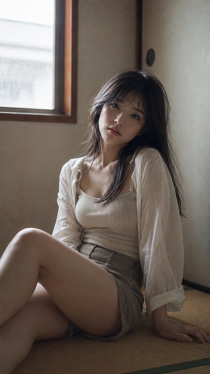 Subject: {argument name="theme" default="Editorial portrait of a young Japanese woman sitting on the floor in a quiet J…