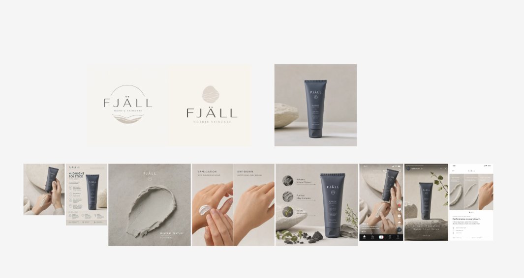Goal: Create a wide brand identity and advertising creative overview for a minimalist Nordic skincare brand named {argu…