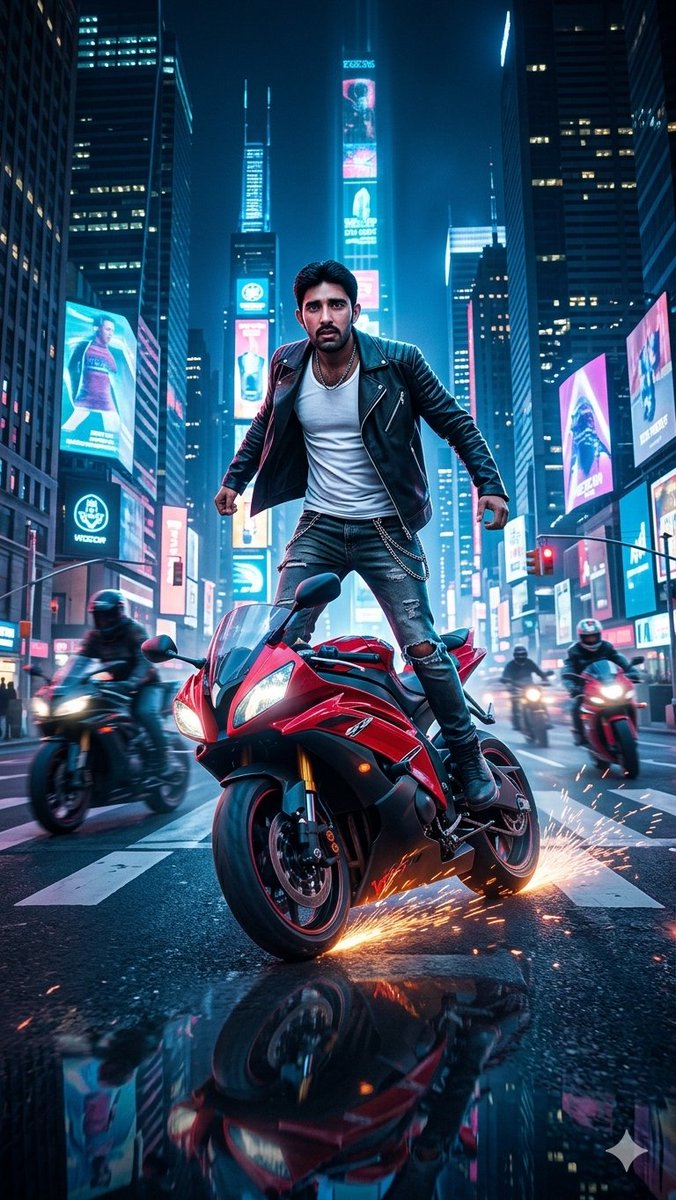 Create a vertical 9:16 ultra-realistic 35mm cinematic action photograph at night: a powerful male biker with {argument …