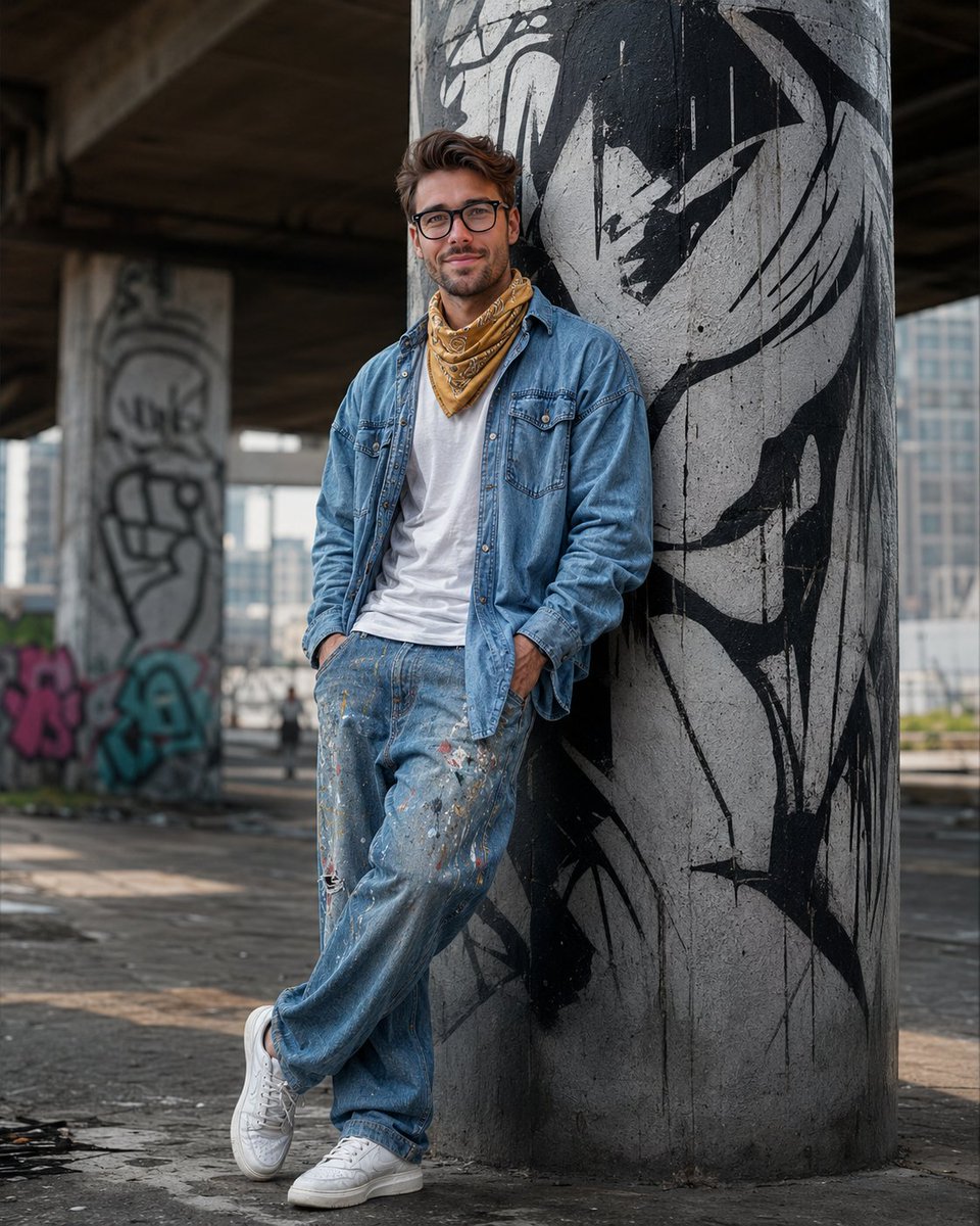 Photorealistic full-body street portrait of a {argument name="subject" default="stylish young South Asian man"} leaning…