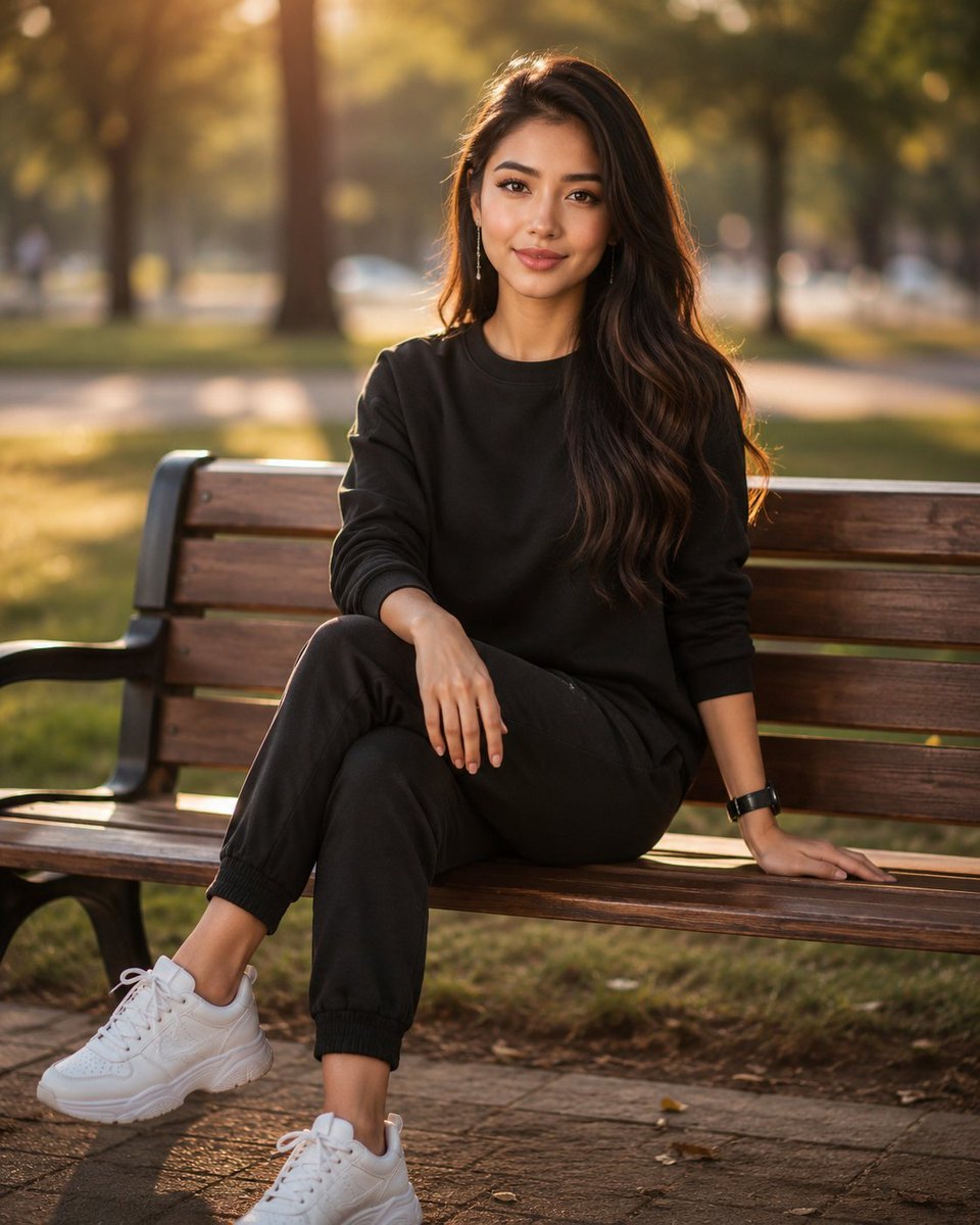Photorealistic full-body portrait of a {argument name="subject" default="young woman"} sitting on a {argument name="sea…