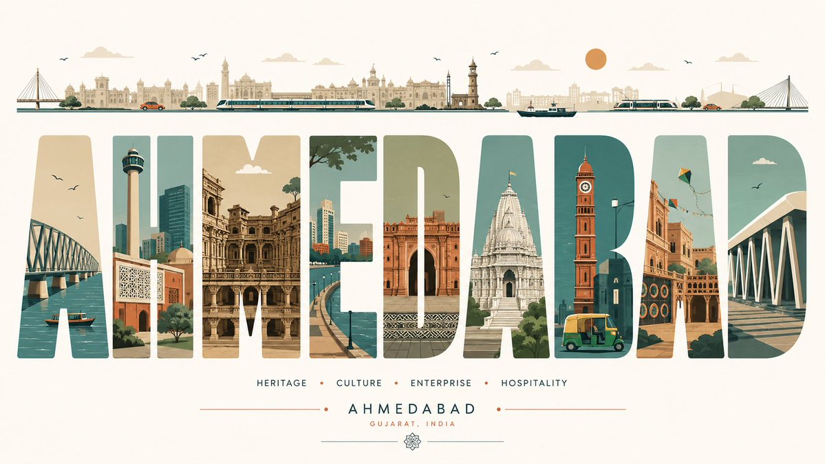 Ultra-high-resolution 16:9 typography travel poster of {argument name="city" default="AHMEDABAD, INDIA"}. Giant bold sa…