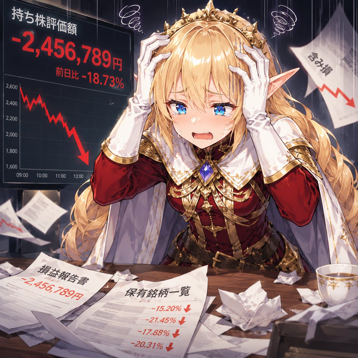 Goal: Create a dramatic anime-style financial loss illustration of a fantasy elf noblewoman investor panicking at her d…