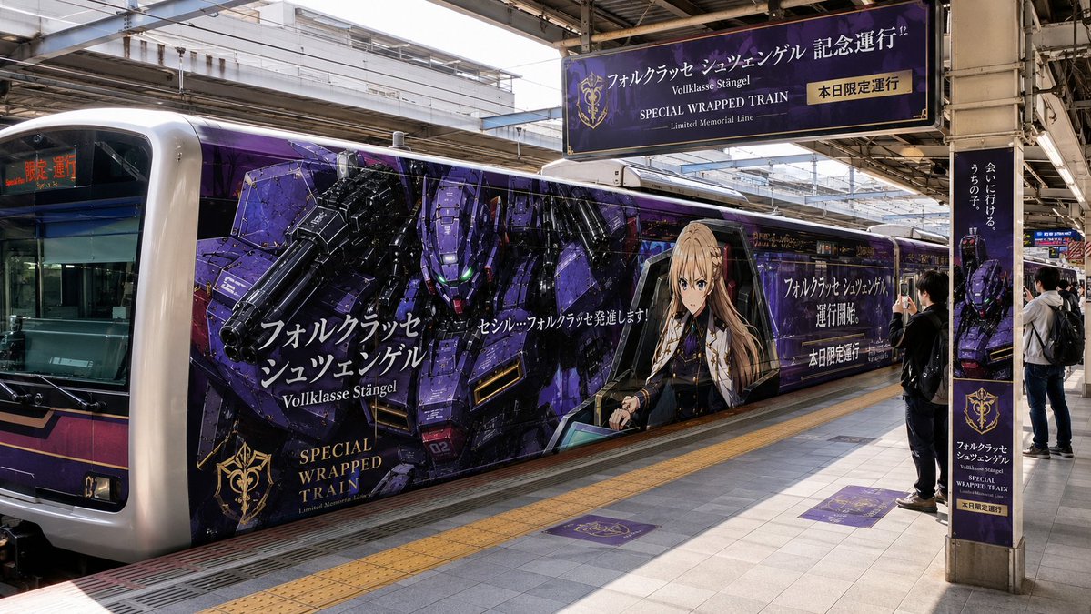 Goal: Create a photorealistic wide-angle documentary photo of a Japanese railway station platform featuring a full-size…