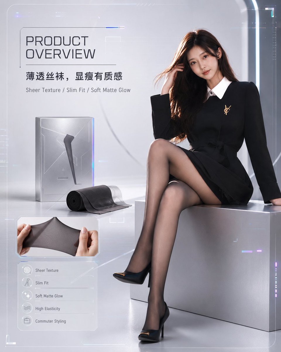 Goal: Create a futuristic ecommerce product overview poster for {argument name="product type" default="sheer black stoc…
