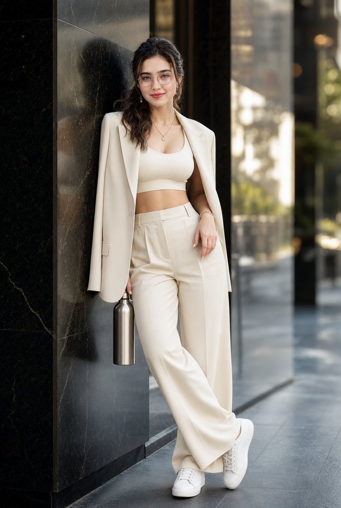 Create a realistic full-body professional lifestyle fashion portrait of a stylish young woman leaning confidently again…