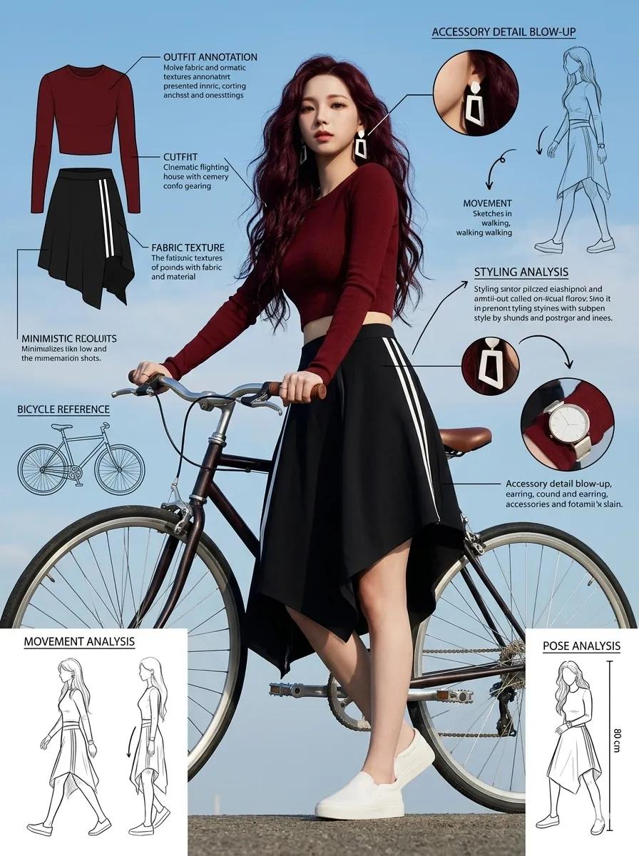 Fashion sketch sheet of a stylish young woman posing next to a {argument name="prop" default="bicycle"}. Full-body phot…