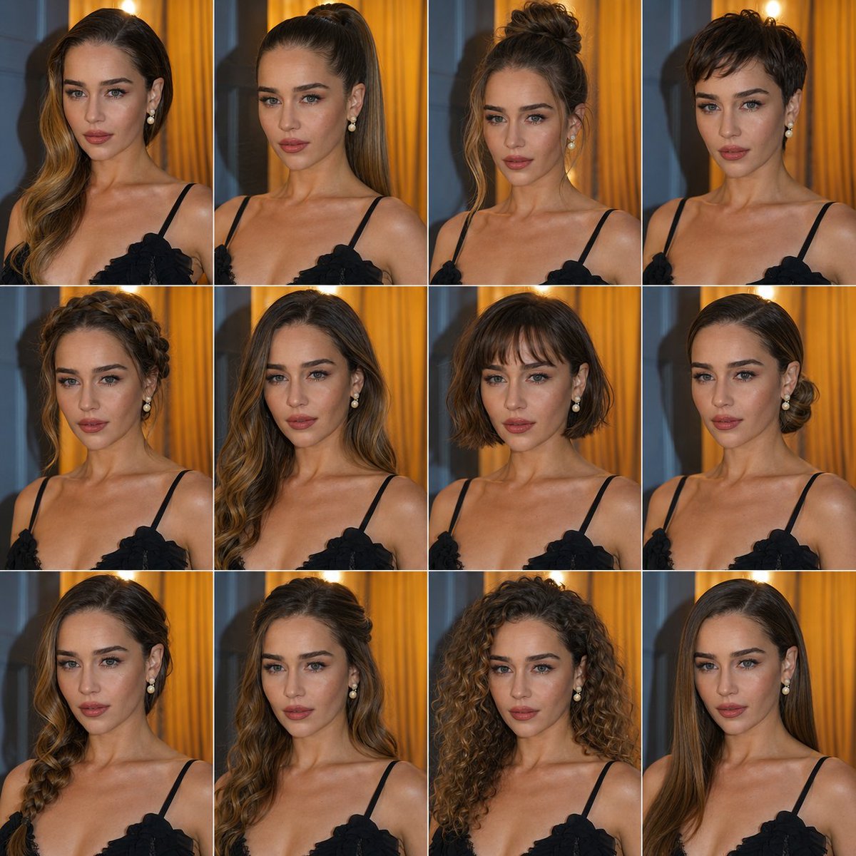 A high-quality photo collage featuring the same person with identical facial features and expression, shown in multiple…