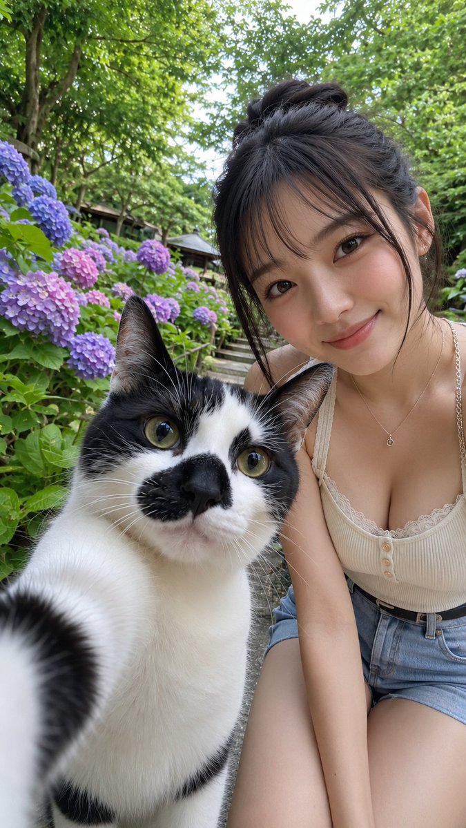 Subject: {argument name="subject" default="hydrangea selfie portrait with a cat"} Person/Expression: Woman, {argument n…