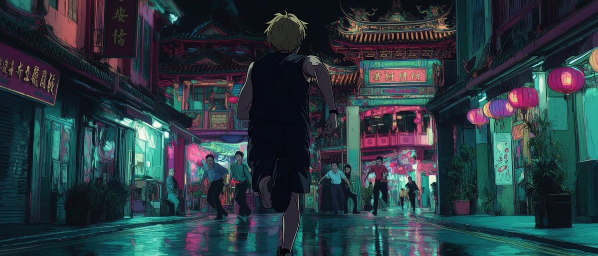 Create a cinematic widescreen anime night scene in a dense old East Asian city street after rain, with a lone young man…