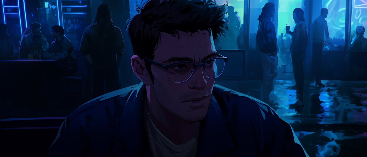 Create a cinematic wide 2.39:1 anime-style night scene inside a moody neon bar or rainy street-facing lounge, using dee…