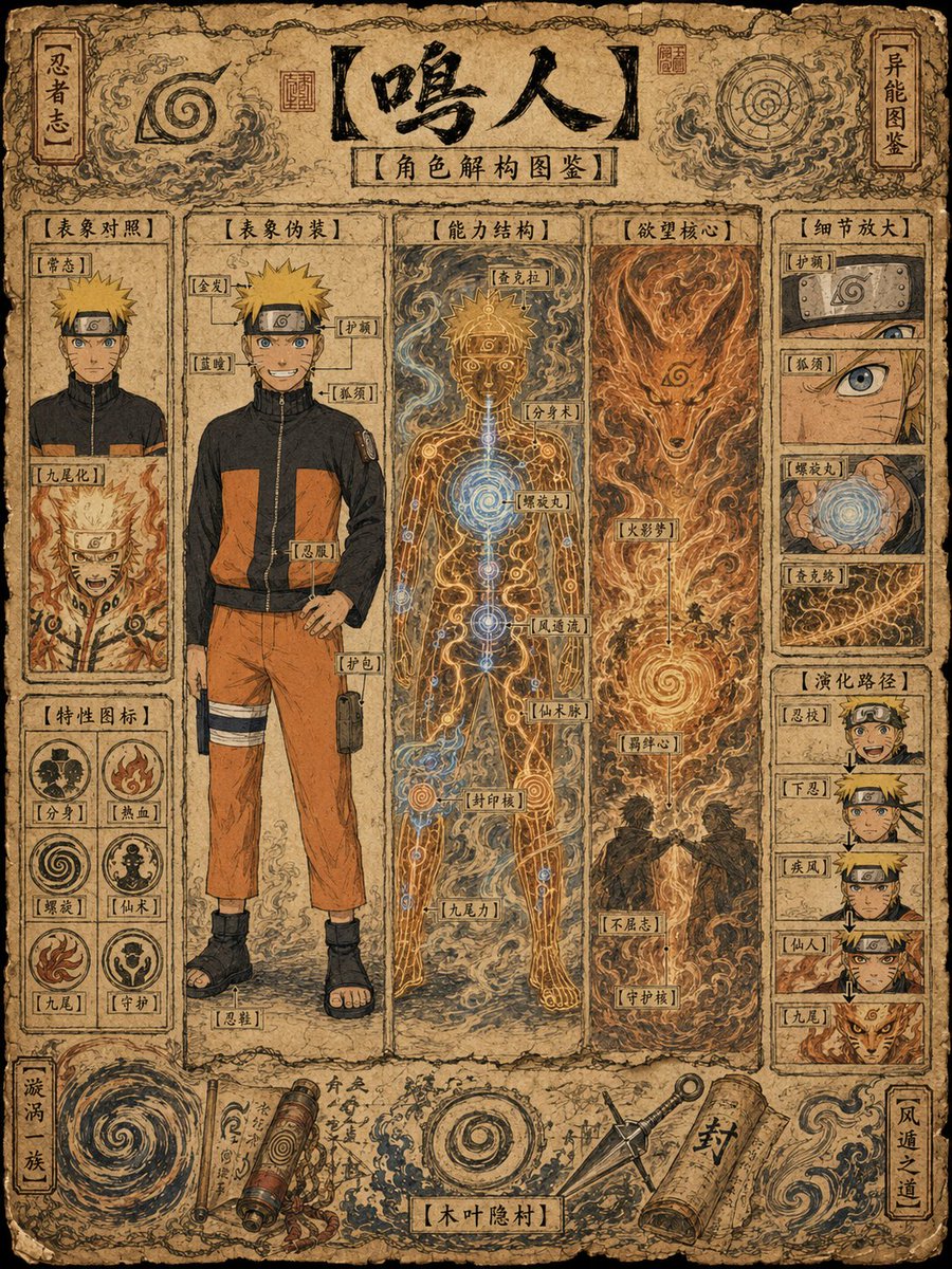 Goal: Create an antique parchment anime character analysis chart for {argument name="character name" default="Naruto"},…